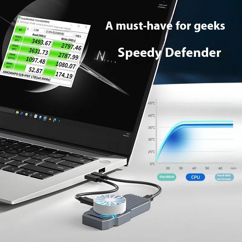 Silver aluminium USB4 external hard drive enclosure for NVMe M2 SSDs, shown with Type-C cable.
