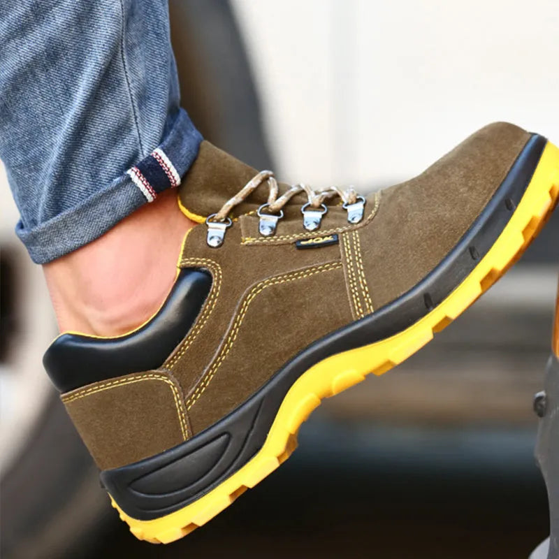 Bronze low-cut steel toe safety shoes made from cow suede leather with a non-slip sole.