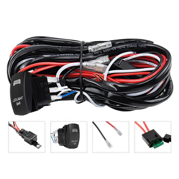 Black 2 metre off road LED spotlight cable set with integrated switch for vehicle lighting installation