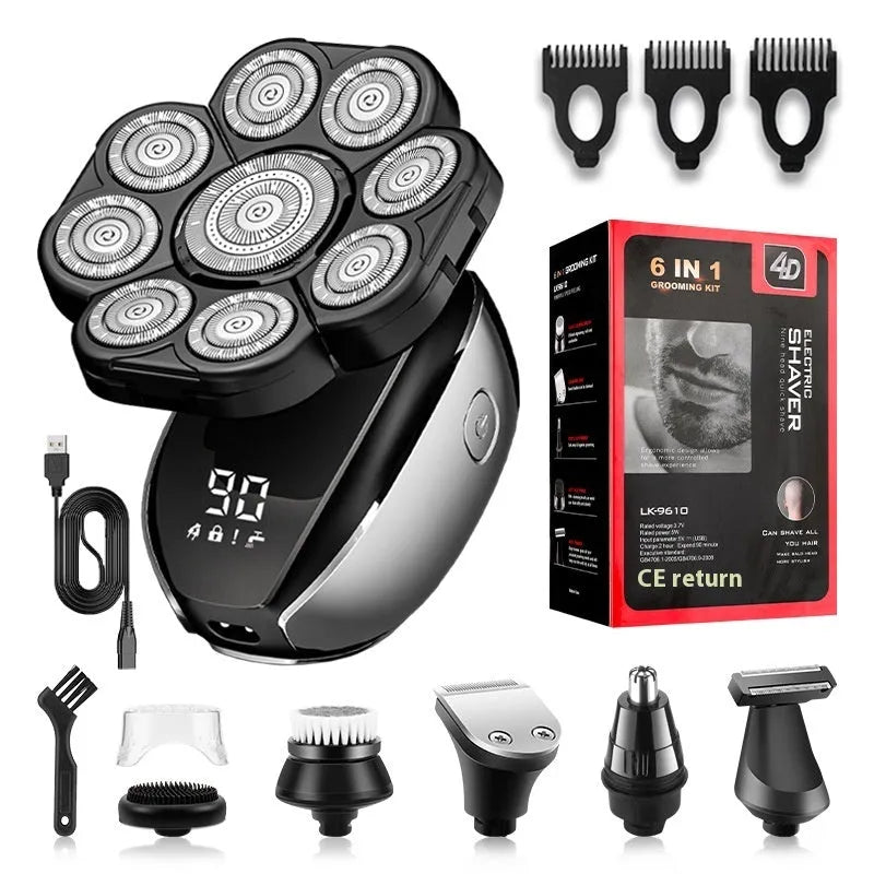 Black rechargeable 6-in-1 haircut kit with shaver, clipper, nose trimmer, attachments, and USB cable on a white background.