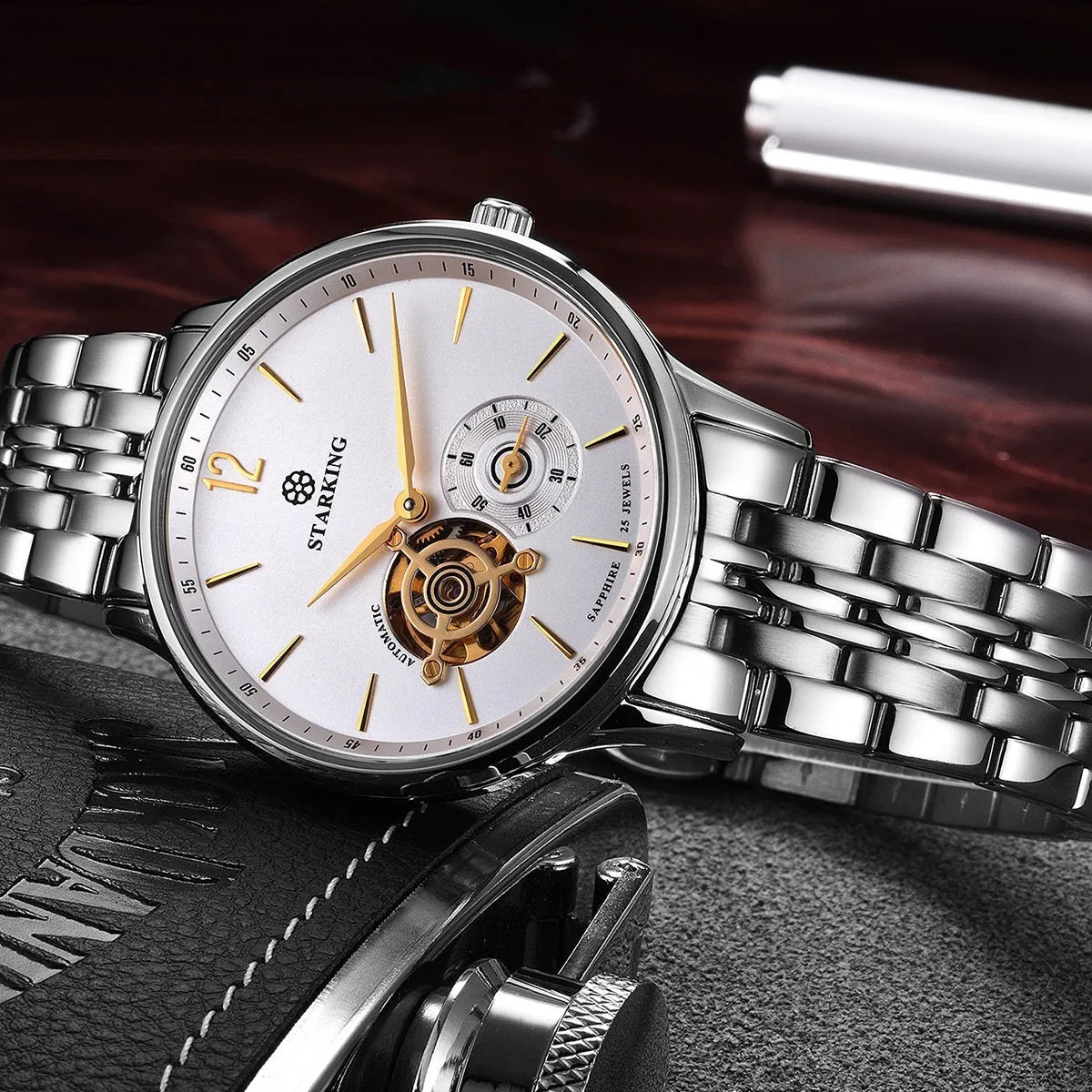 Men's automatic mechanical business watch with brown leather strap and stainless steel case