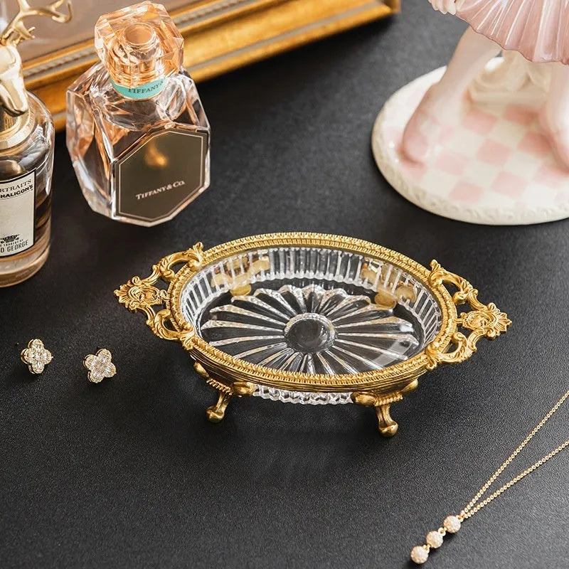Aluminium jewellery storage dish with French Versailles carved crystal decorative tray design in two colour options