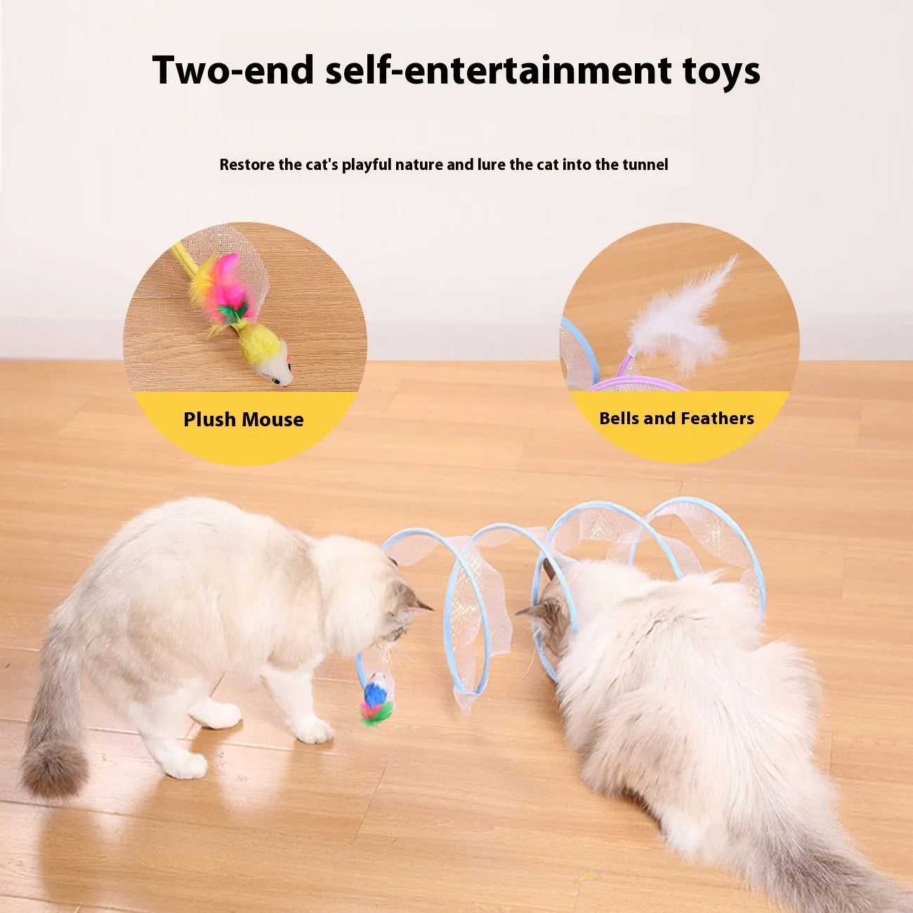 Collapsible cat tunnel toy with feather teaser and steel wire frame for indoor pet play