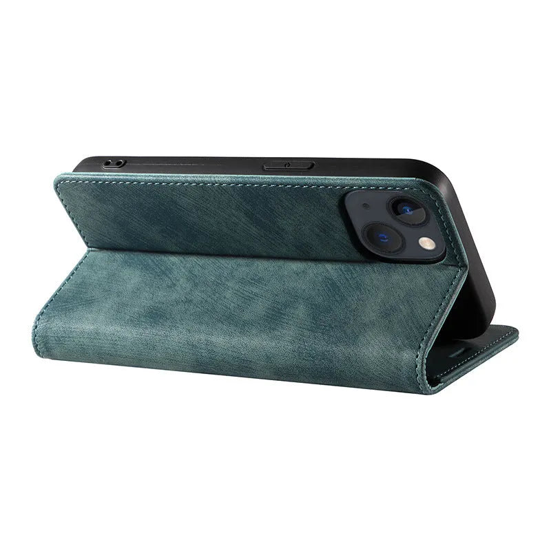 Magnetic flip phone case in genuine leather and TPU for iPhone, showing front cover closed with magnetic closure