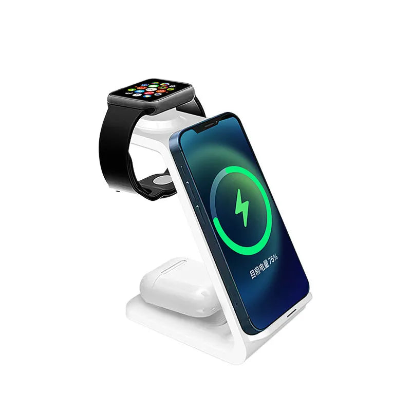 White 3-in-1 dual coil wireless charging stand holding a mobile phone upright on a desk.