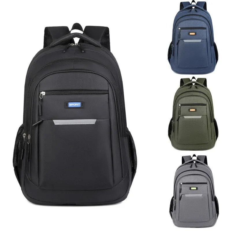 Men's casual Oxford cloth backpack in four colour options: grey, black, green and blue.