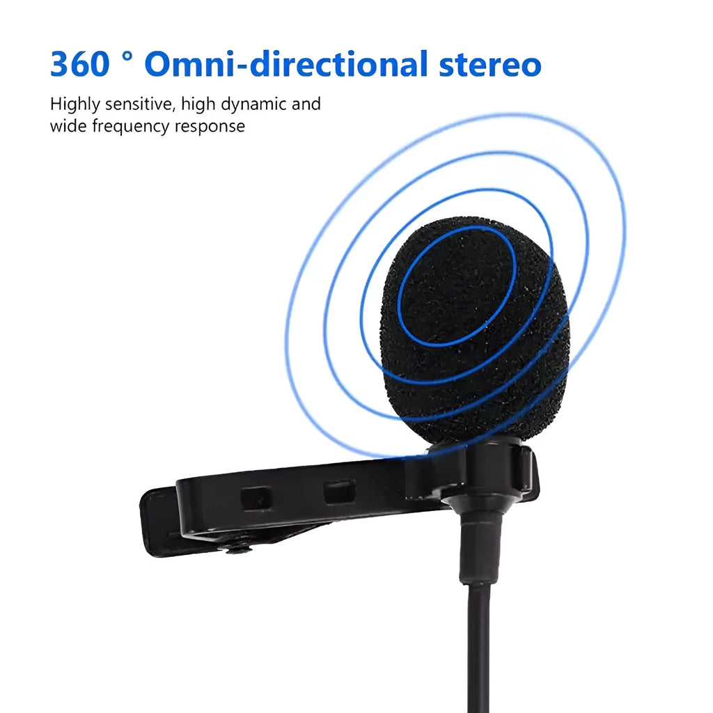 Wired lavalier clip microphone with in-ear monitor headphones and multiple plug options on a white background.