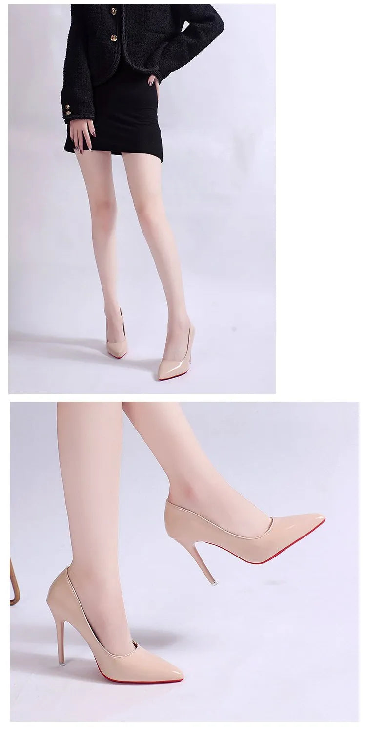 Women's black pointed toe stiletto heel pump with a low top and rubber sole.