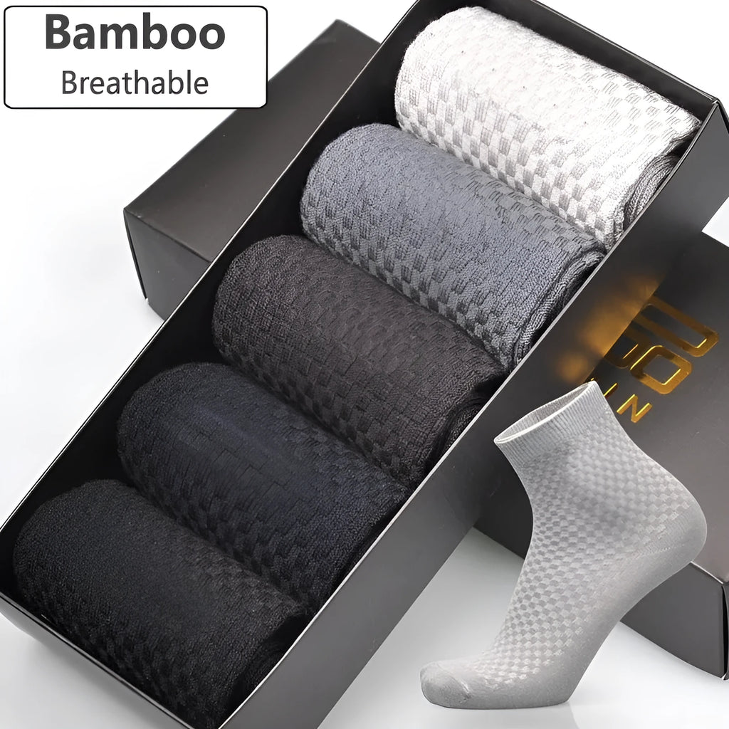Men's bamboo fiber business socks in navy blue and grey with medium thickness knit and small square style pattern