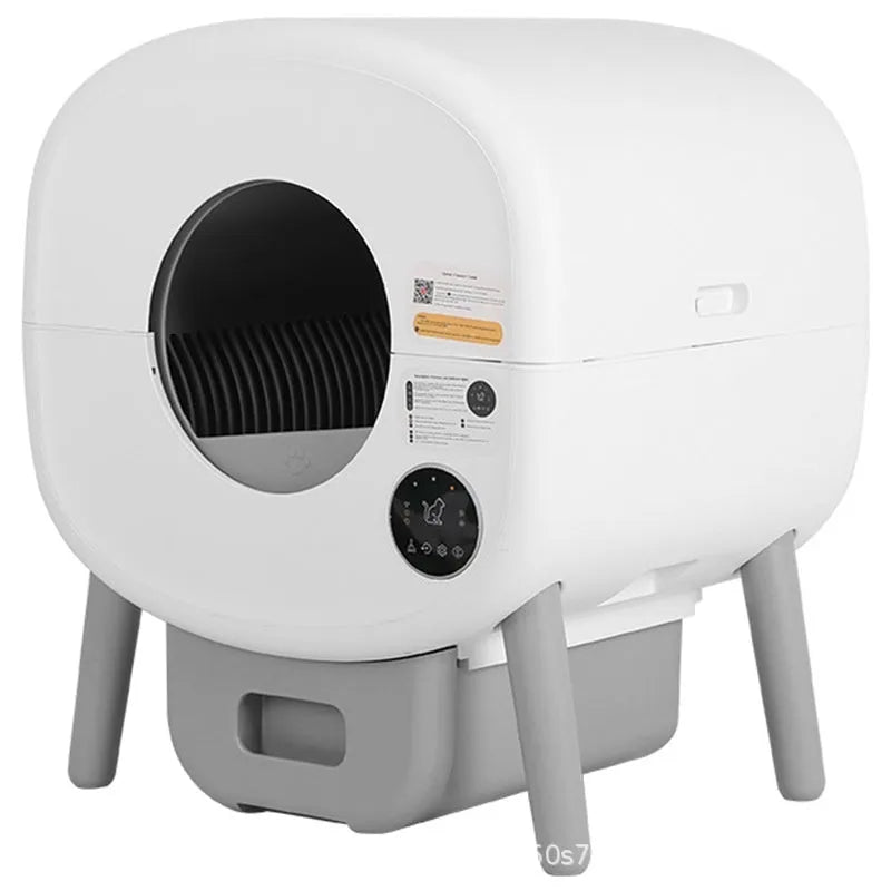 Automatic cat litter box with smart cleaning system, white ABS plastic housing