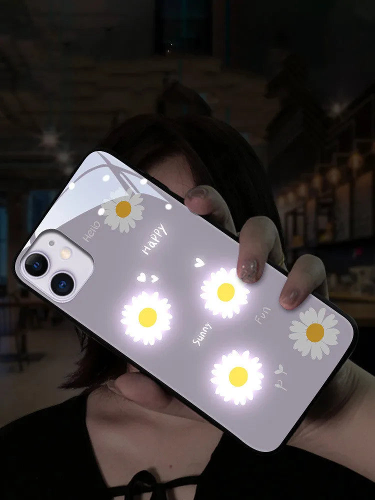 Luminous phone case with painted daisy design and voice-activated colour light for iPhones