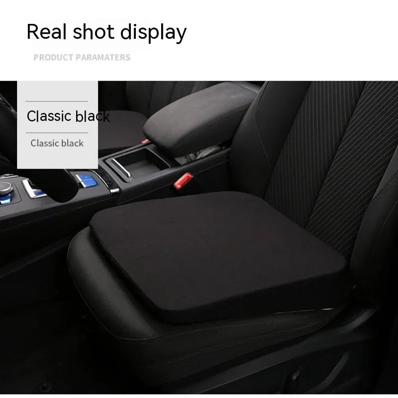 Black car seat cushion measuring approximately 42x39cm with 6cm thickness for height improvement