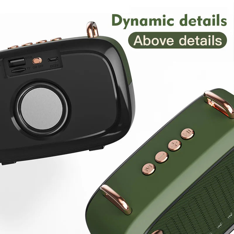 Compact black portable Bluetooth speaker showing card-sized dimensions with control buttons and USB port