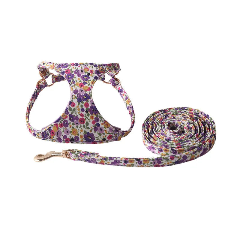 Floral pattern cloth dog harness and leash set for small to medium dogs