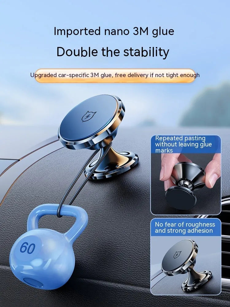 Shiny black magnetic car phone holder with adhesive dashboard mount.