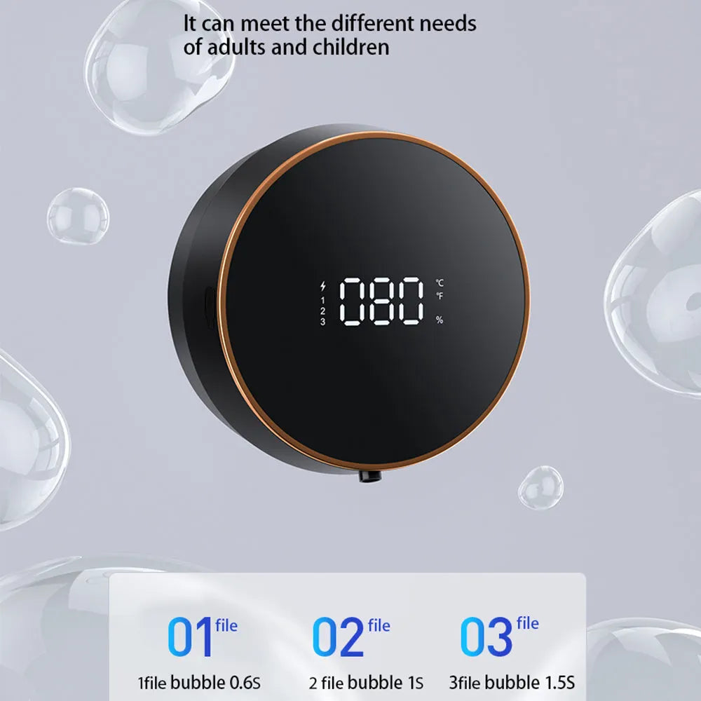 Black smart automatic foam soap dispenser with infrared sensor and USB charging port mounted on wall