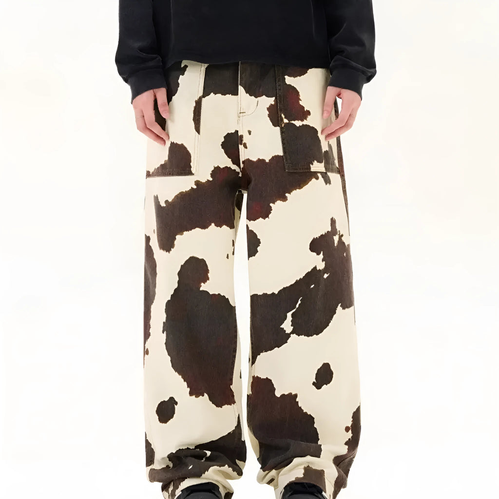 Men's straight-leg trousers with American retro cow pattern showing cardigan button fly opening