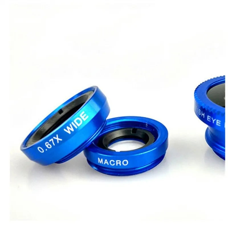 Black 3-in-1 smartphone lens kit showing fisheye, wide angle and macro lenses with universal clip