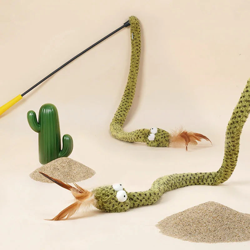 Green 140 cm cat teasing stick with colourful feather attachments for interactive feline play