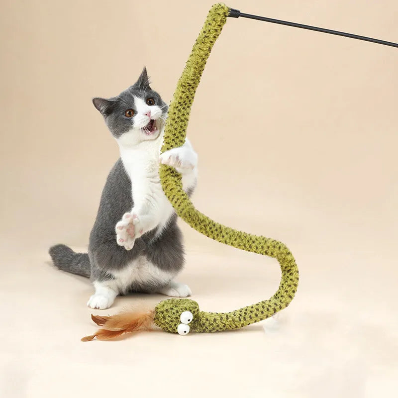 Green 140 cm cat teasing stick with colourful feather attachments for interactive feline play