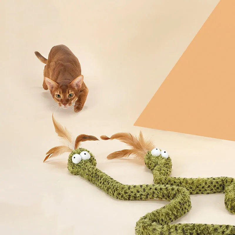 Green 140 cm cat teasing stick with colourful feather attachments for interactive feline play