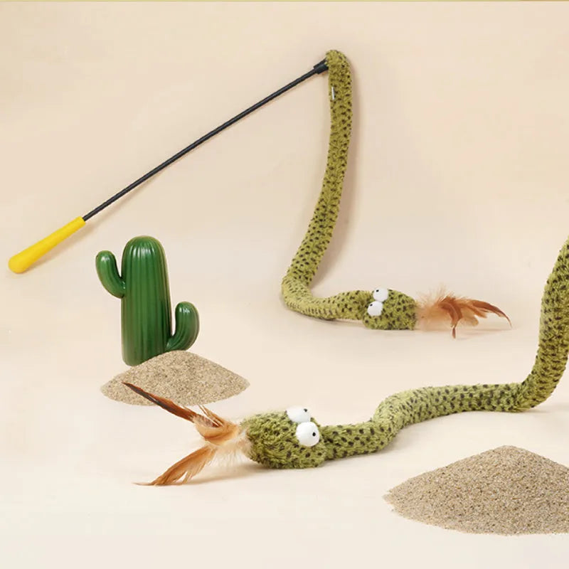 Green 140 cm cat teasing stick with colourful feather attachments for interactive feline play