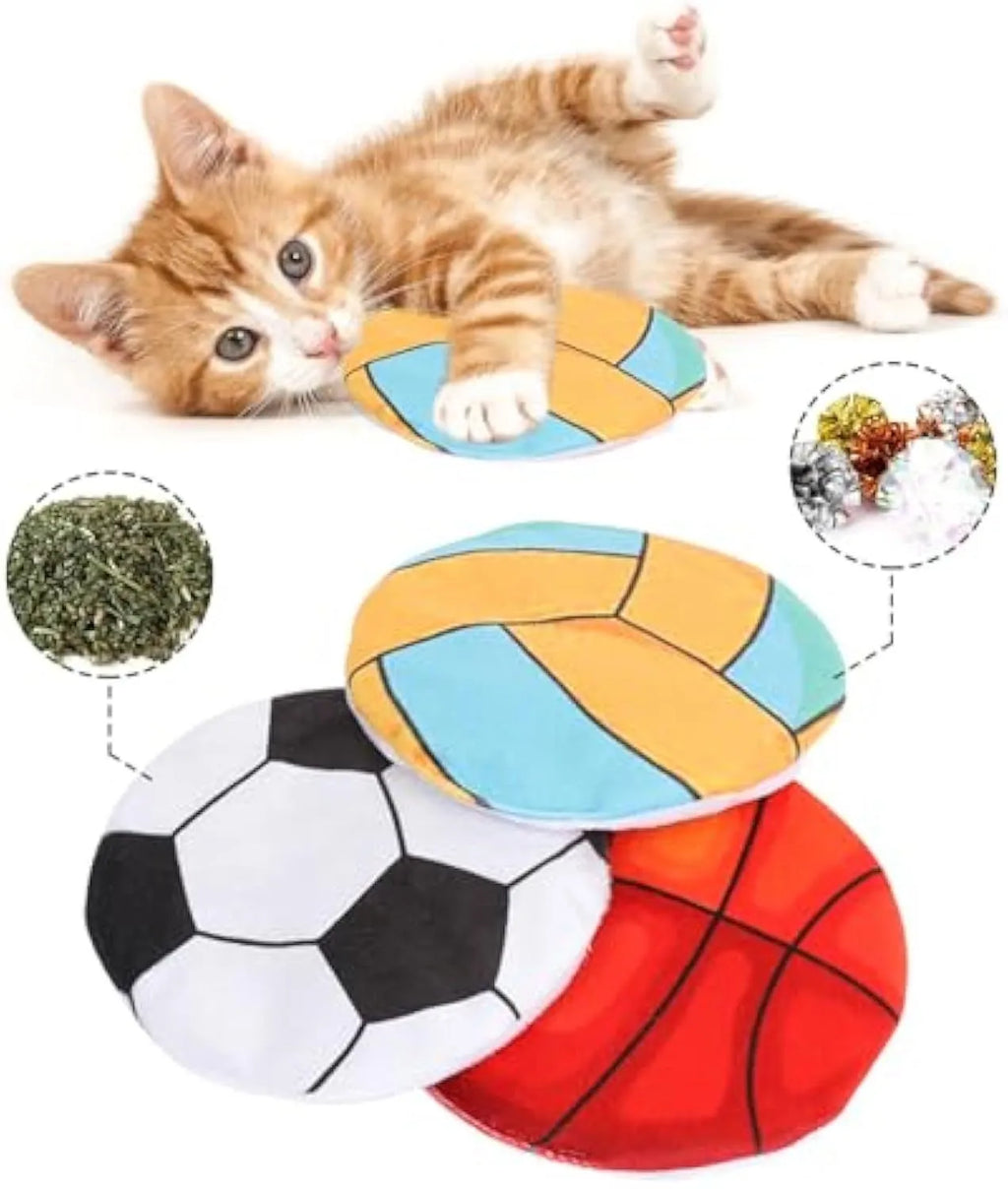 Plush basketball-pattern flying disc cat toy with catnip and crinkle sound features