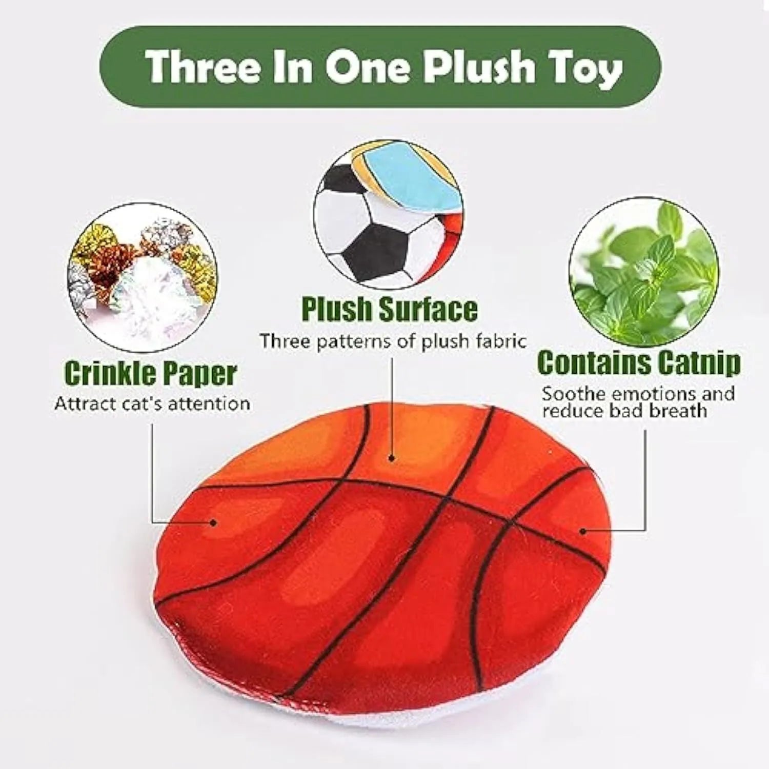 Plush basketball-pattern flying disc cat toy with catnip and crinkle sound features