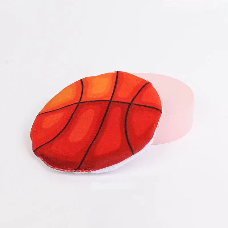 Plush basketball-pattern flying disc cat toy with catnip and crinkle sound features