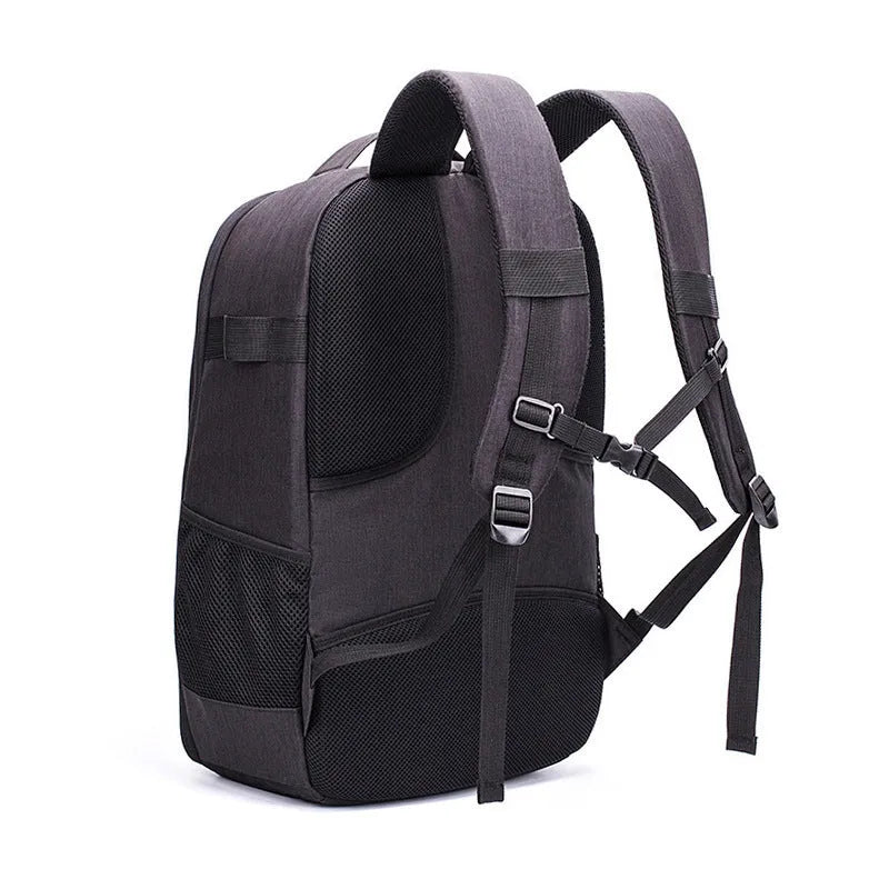 Black Oxford cloth drone backpack showing internal camera and laptop compartments.