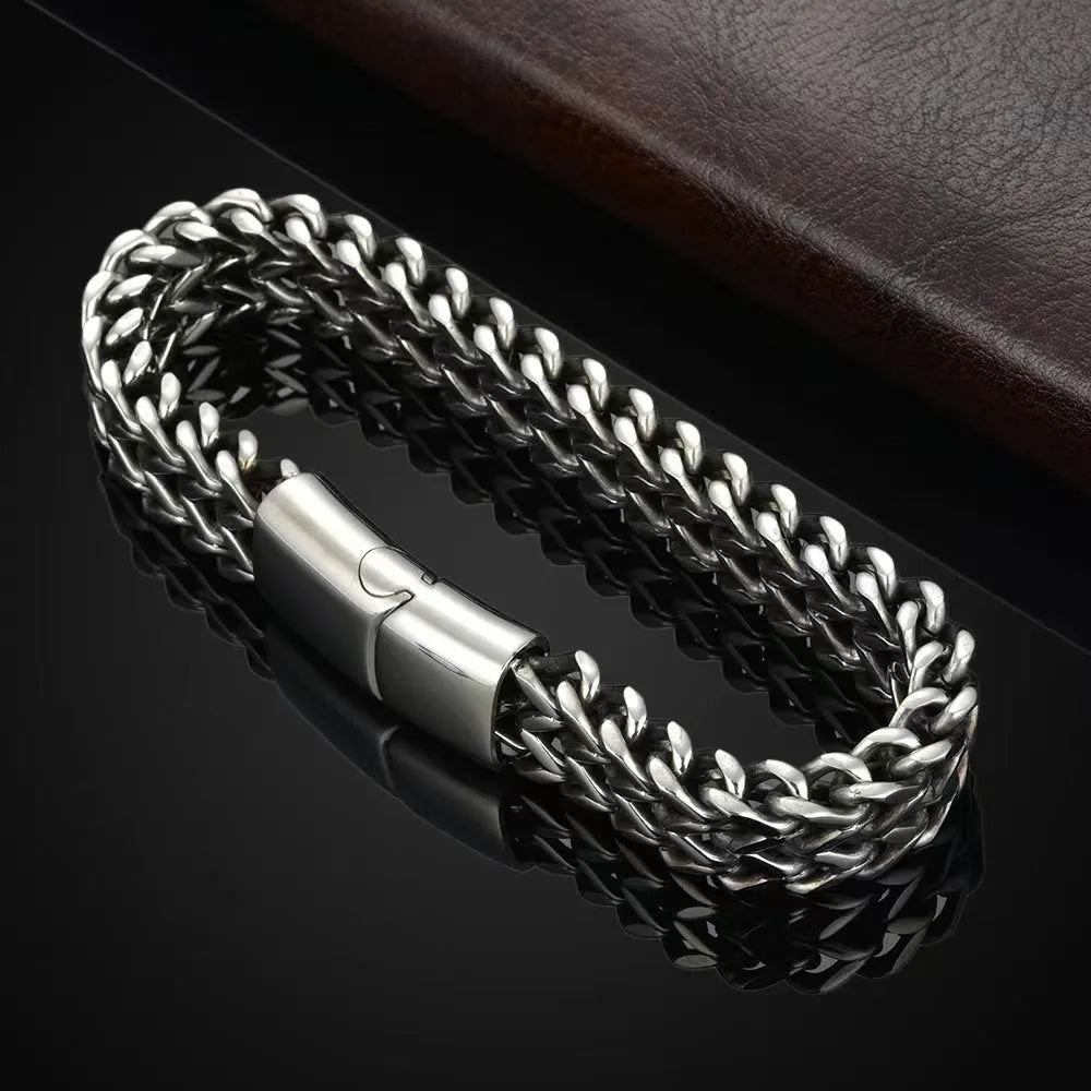 Silver titanium steel men's bracelet with geometric pattern on front and back surfaces