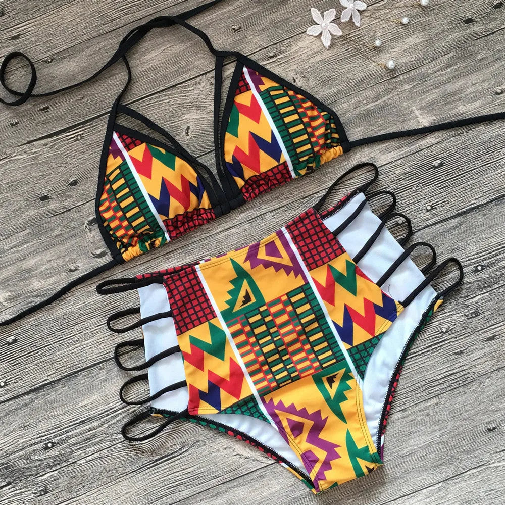 Women's high waist bikini swimsuit with digital printing pattern and backless design