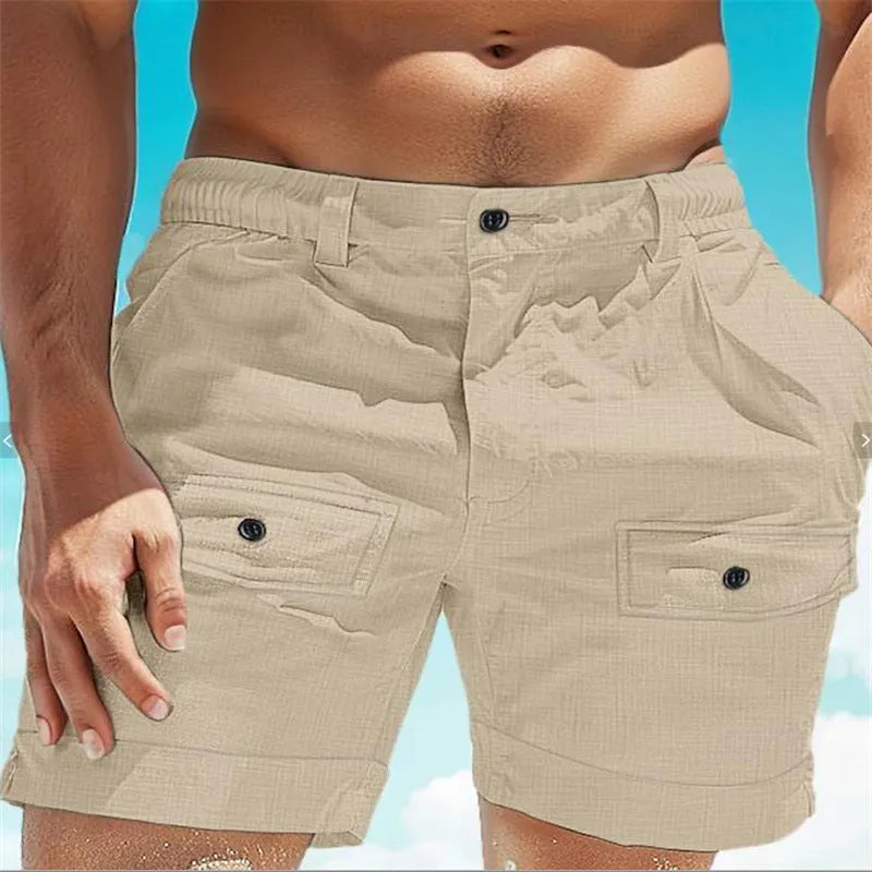 Men's straight leg linen shorts with elastic waistband and button pockets in khaki colour