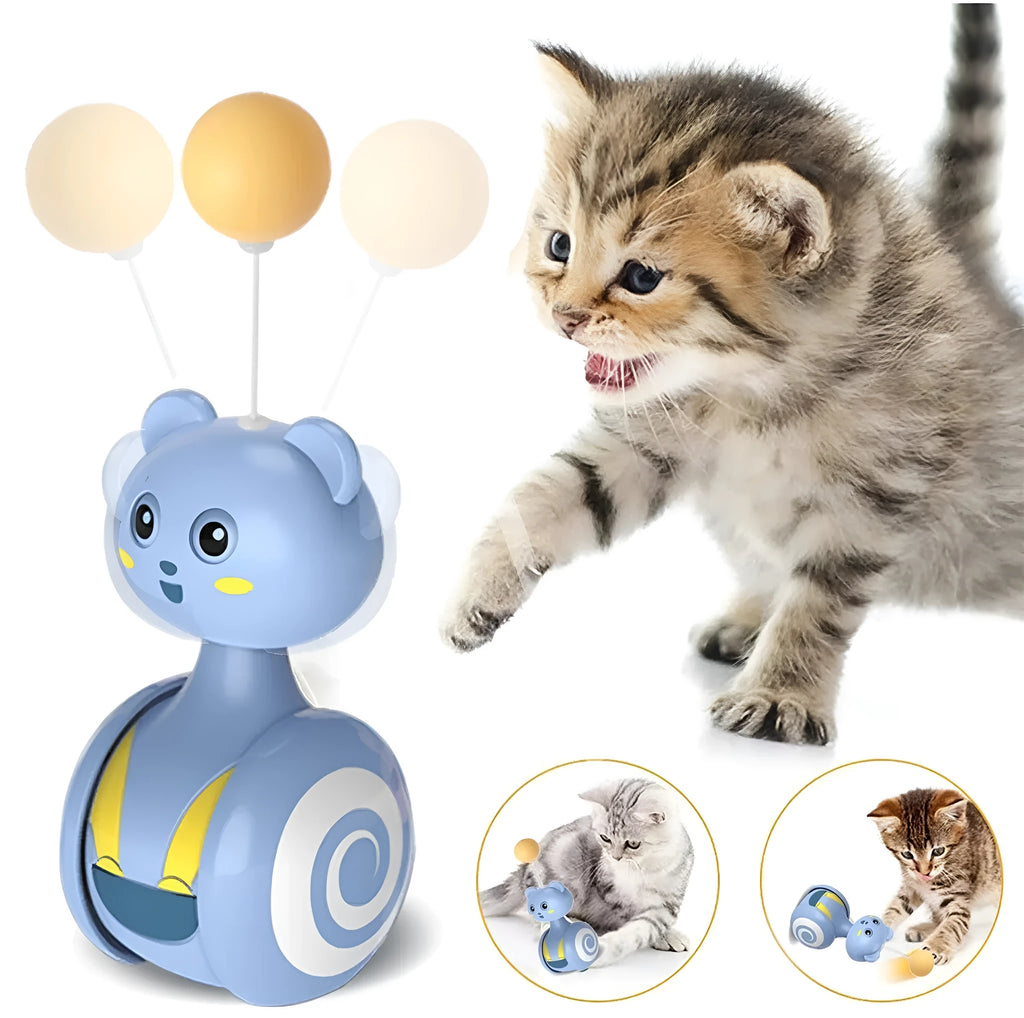 Interactive cat toy with rotating tumbler base and feather wand attachment in blue colour