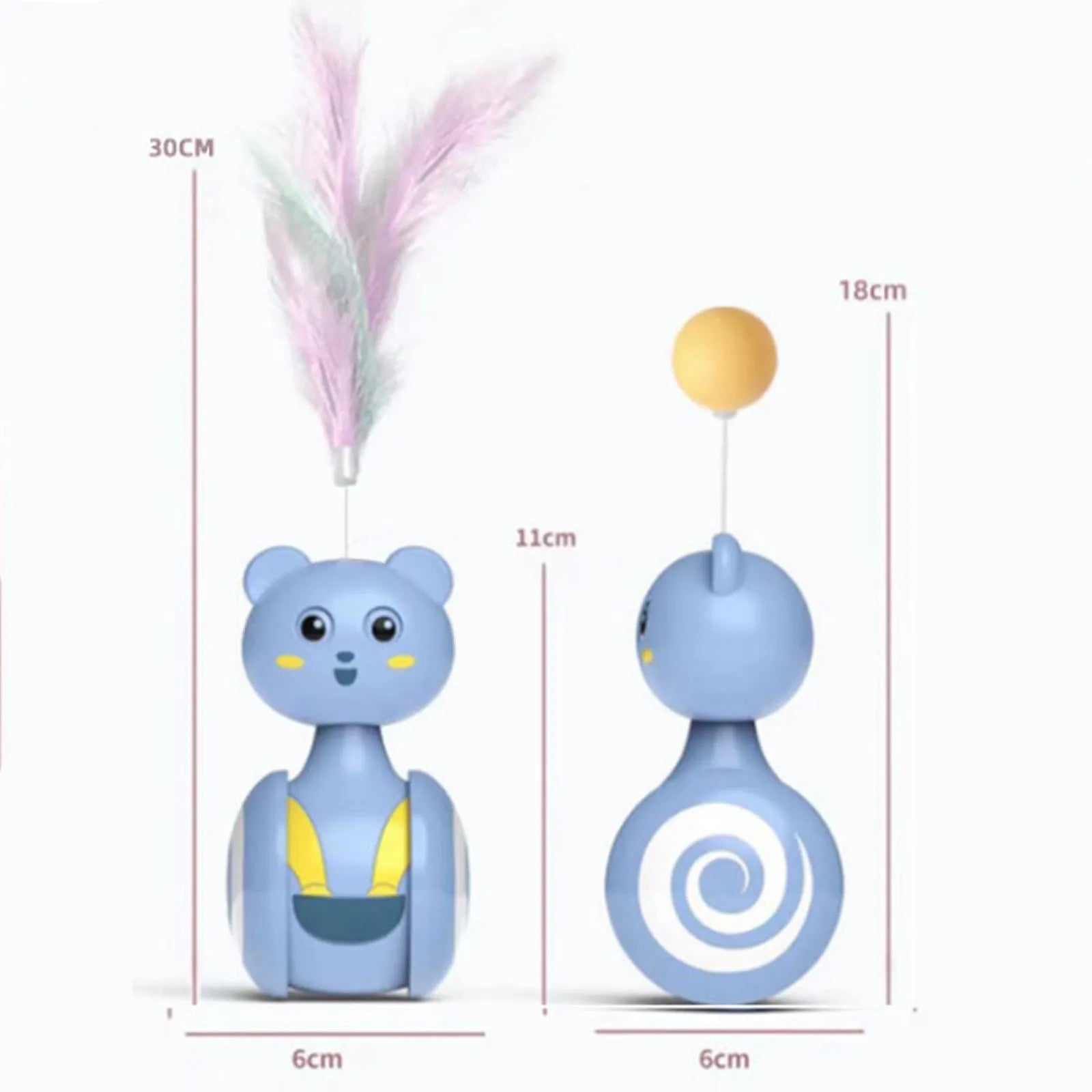 Interactive cat toy with rotating tumbler base and feather wand attachment in blue colour