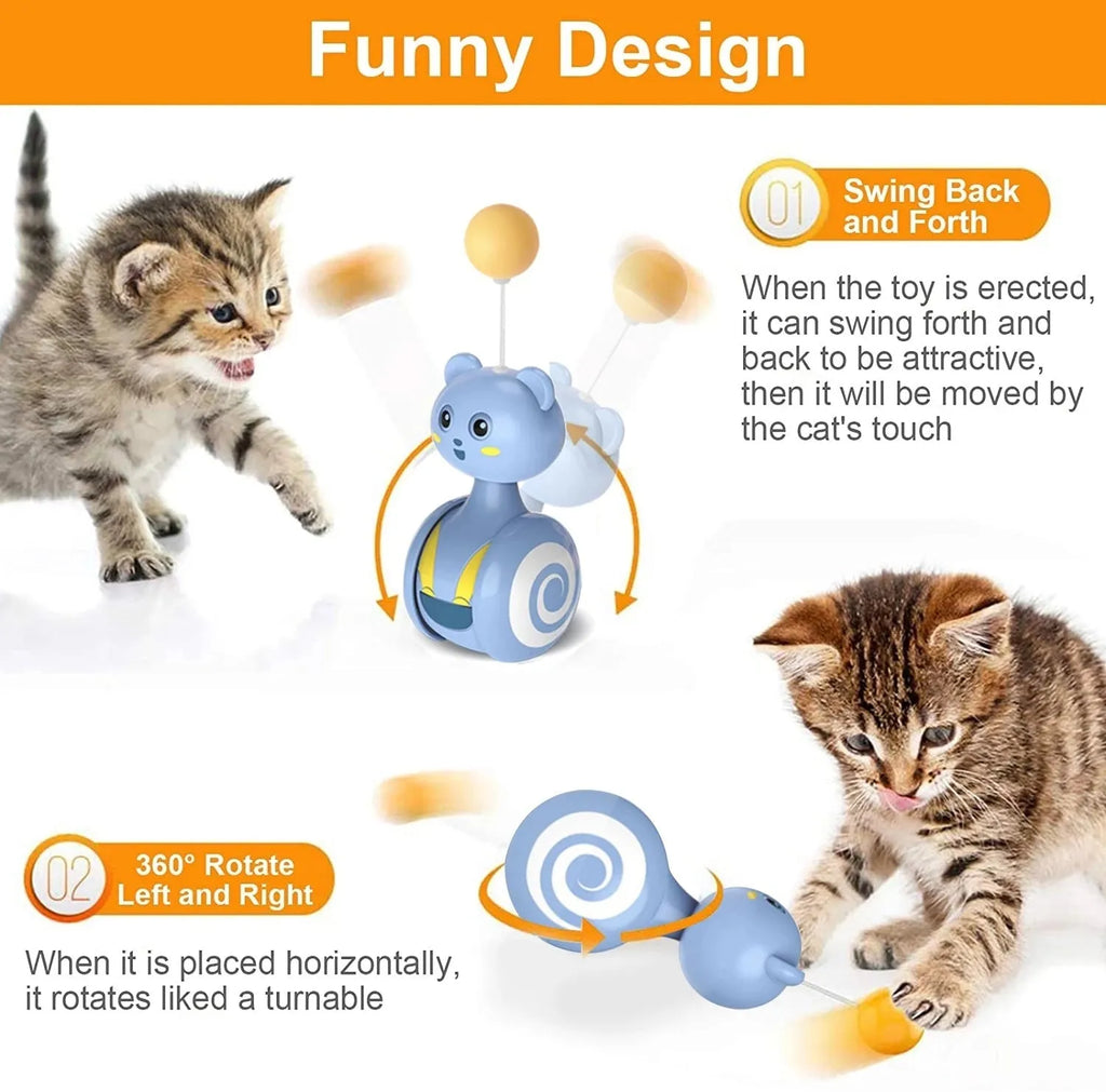 Interactive cat toy with rotating tumbler base and feather wand attachment in blue colour