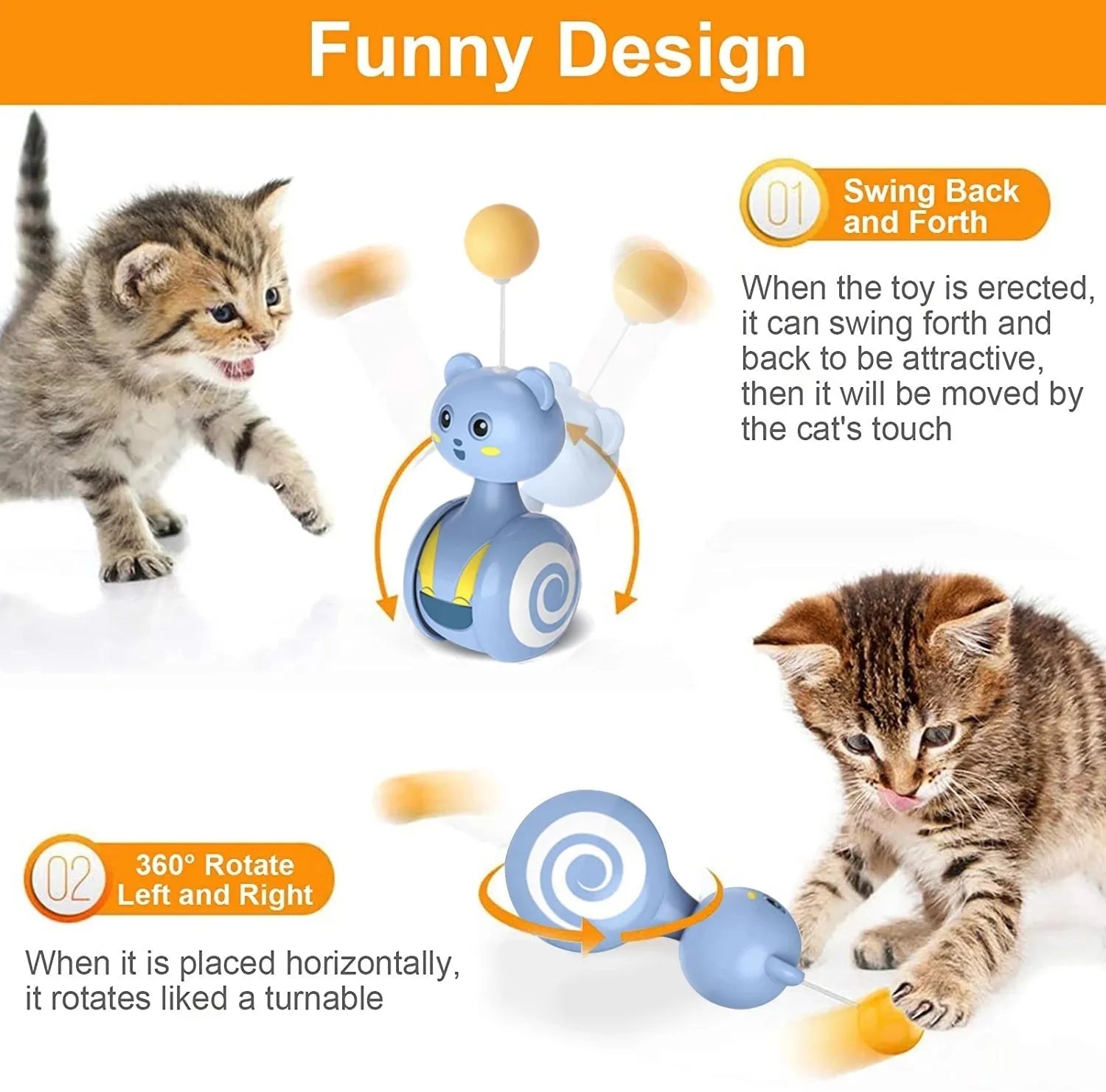 Interactive cat toy with rotating tumbler base and feather wand attachment in blue colour