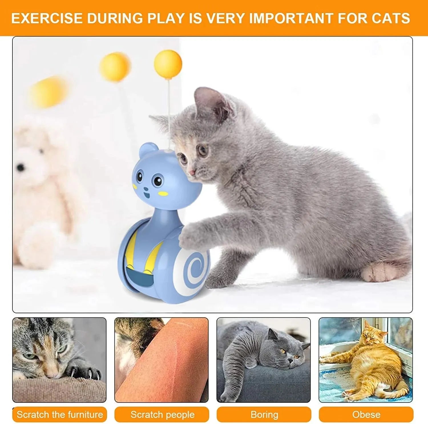 Interactive cat toy with rotating tumbler base and feather wand attachment in blue colour