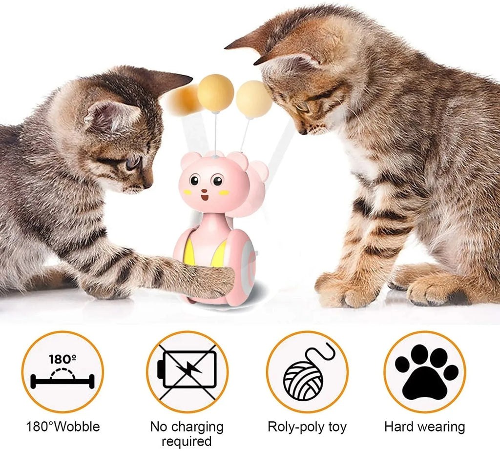 Interactive cat toy with rotating tumbler base and feather wand attachment in blue colour