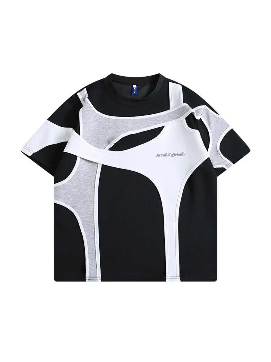 Men's black padded shoulder T-shirt with double stitching showing loose fit and round neck