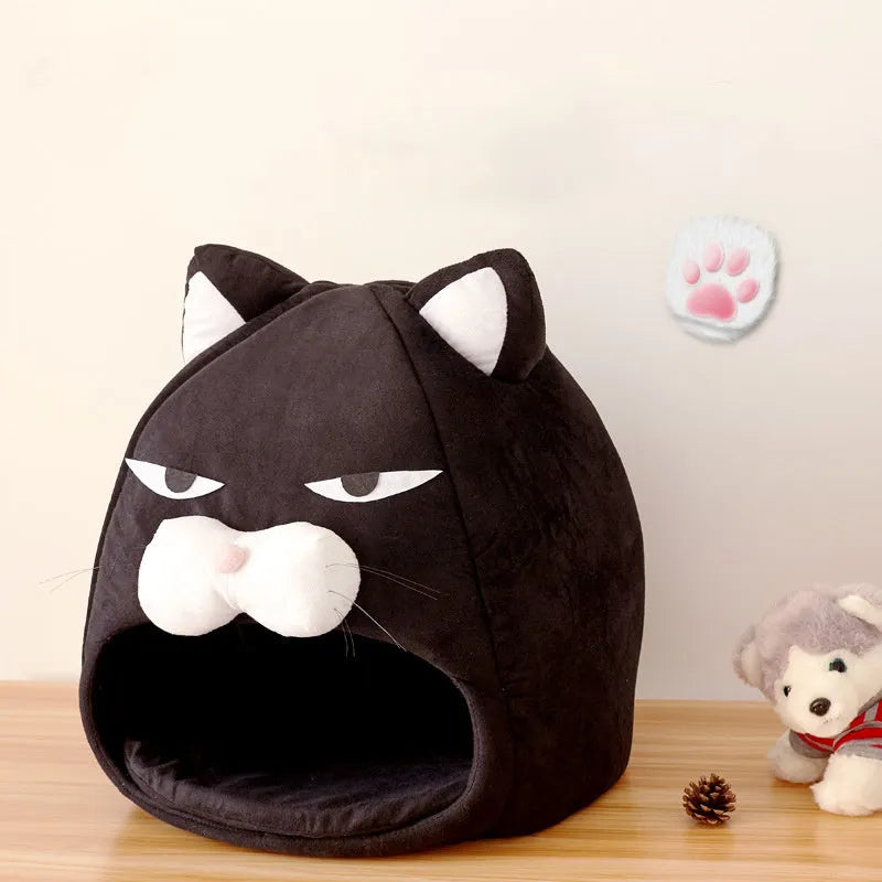 Black cube cat house bed in plush and waterproof nylon, 48cm or 38cm, removable and hand washable