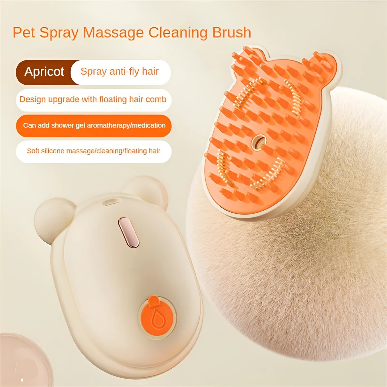 Pink rechargeable pet grooming brush with spray bottle attachment and removable silicone comb head