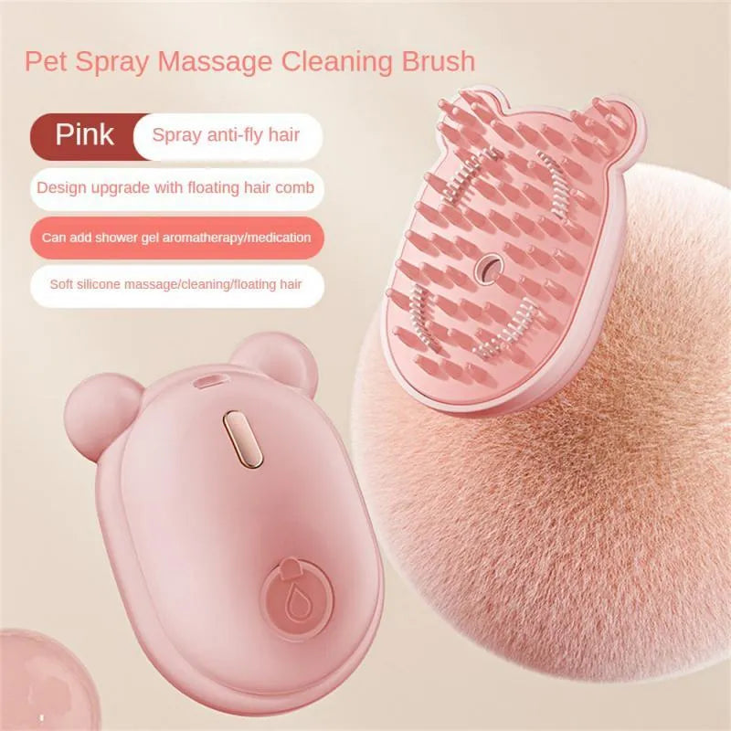 Pink rechargeable pet grooming brush with spray bottle attachment and removable silicone comb head