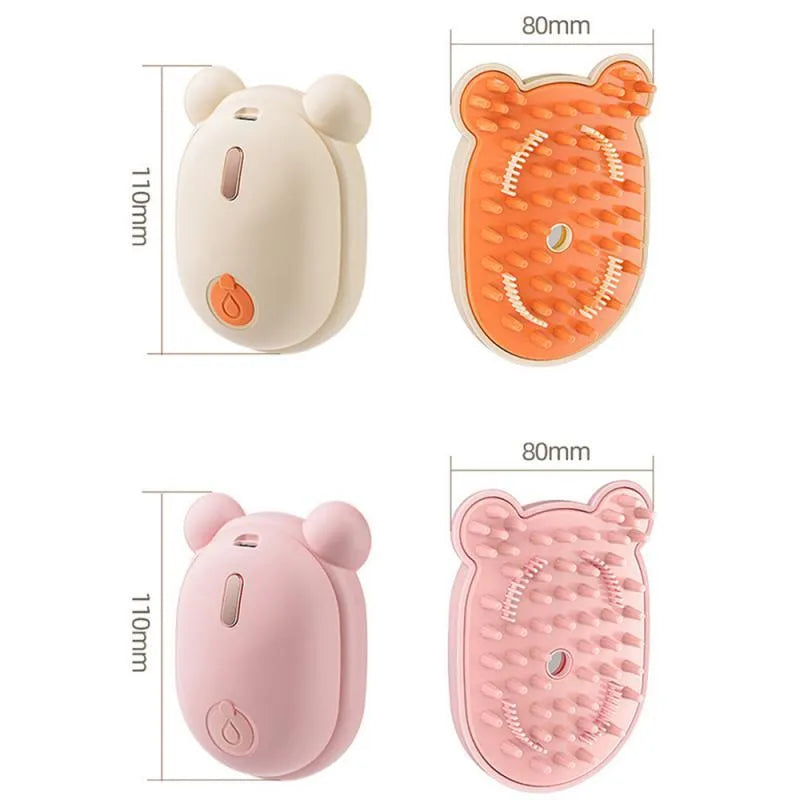 Pink rechargeable pet grooming brush with spray bottle attachment and removable silicone comb head