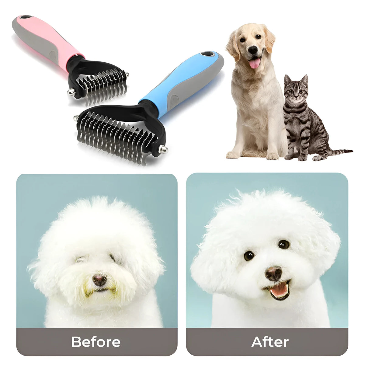 Double-sided pet grooming brush with 9 and 17 teeth, large 172mm undercoat rake in blue or pink