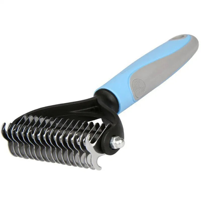 Double-sided pet grooming brush with 9 and 17 teeth, large 172mm undercoat rake in blue or pink