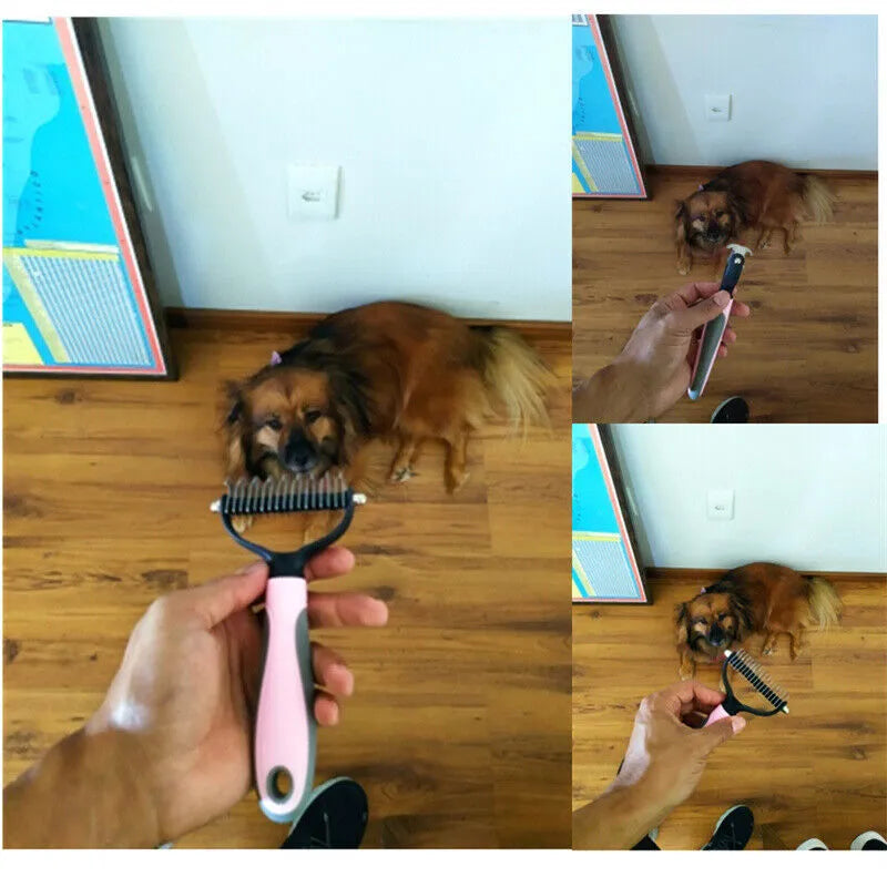 Double-sided pet grooming brush with 9 and 17 teeth, large 172mm undercoat rake in blue or pink
