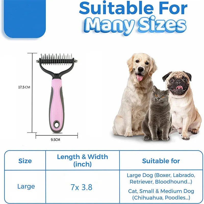 Double-sided pet grooming brush with 9 and 17 teeth, large 172mm undercoat rake in blue or pink