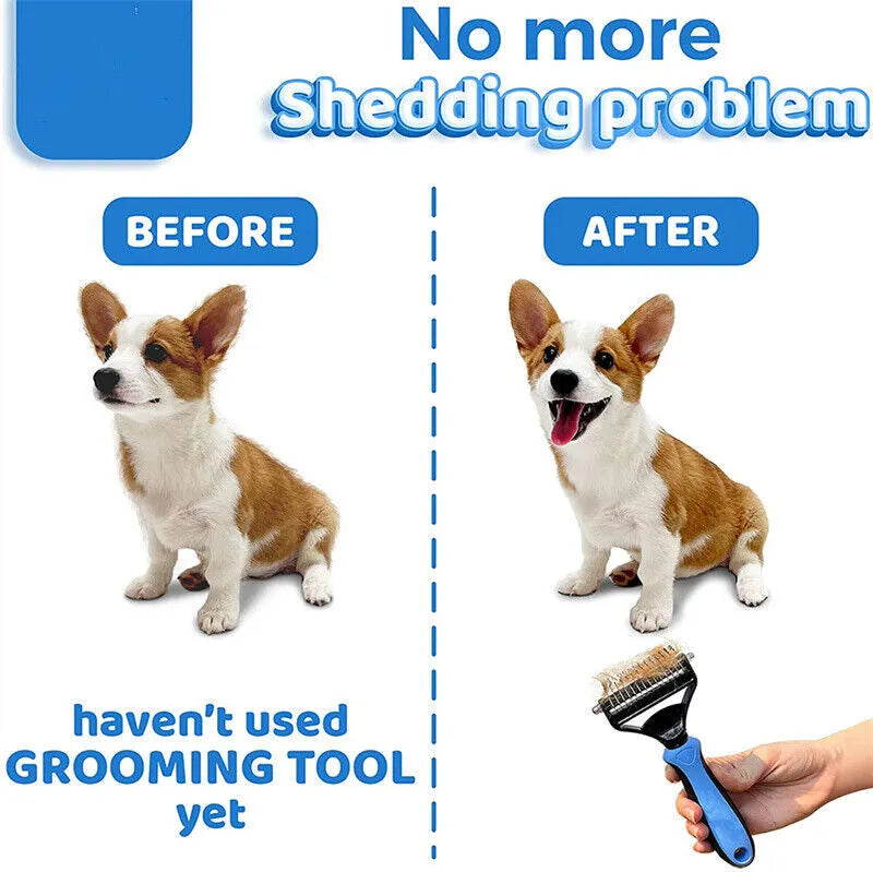Double-sided pet grooming brush with 9 and 17 teeth, large 172mm undercoat rake in blue or pink