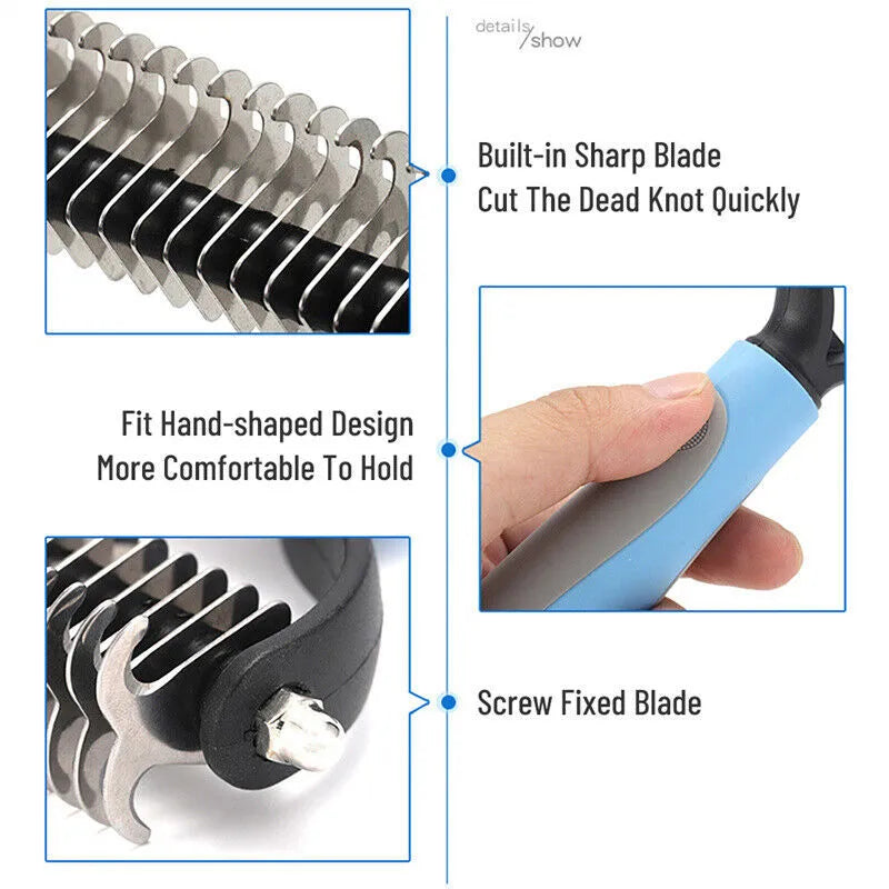 Double-sided pet grooming brush with 9 and 17 teeth, large 172mm undercoat rake in blue or pink